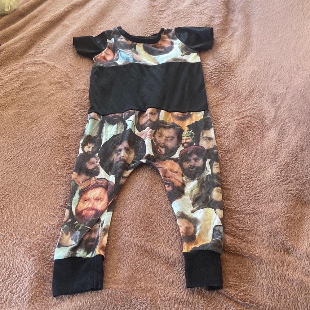 Hand made toddler play suit. Zach Galianfinakis print.